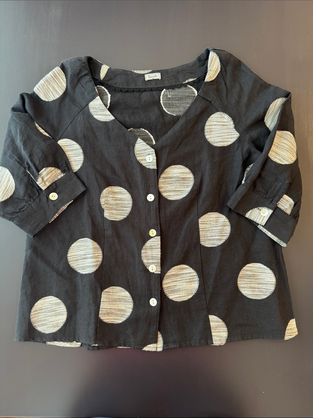 Symple NYC black and white polkadot linen button up top size S